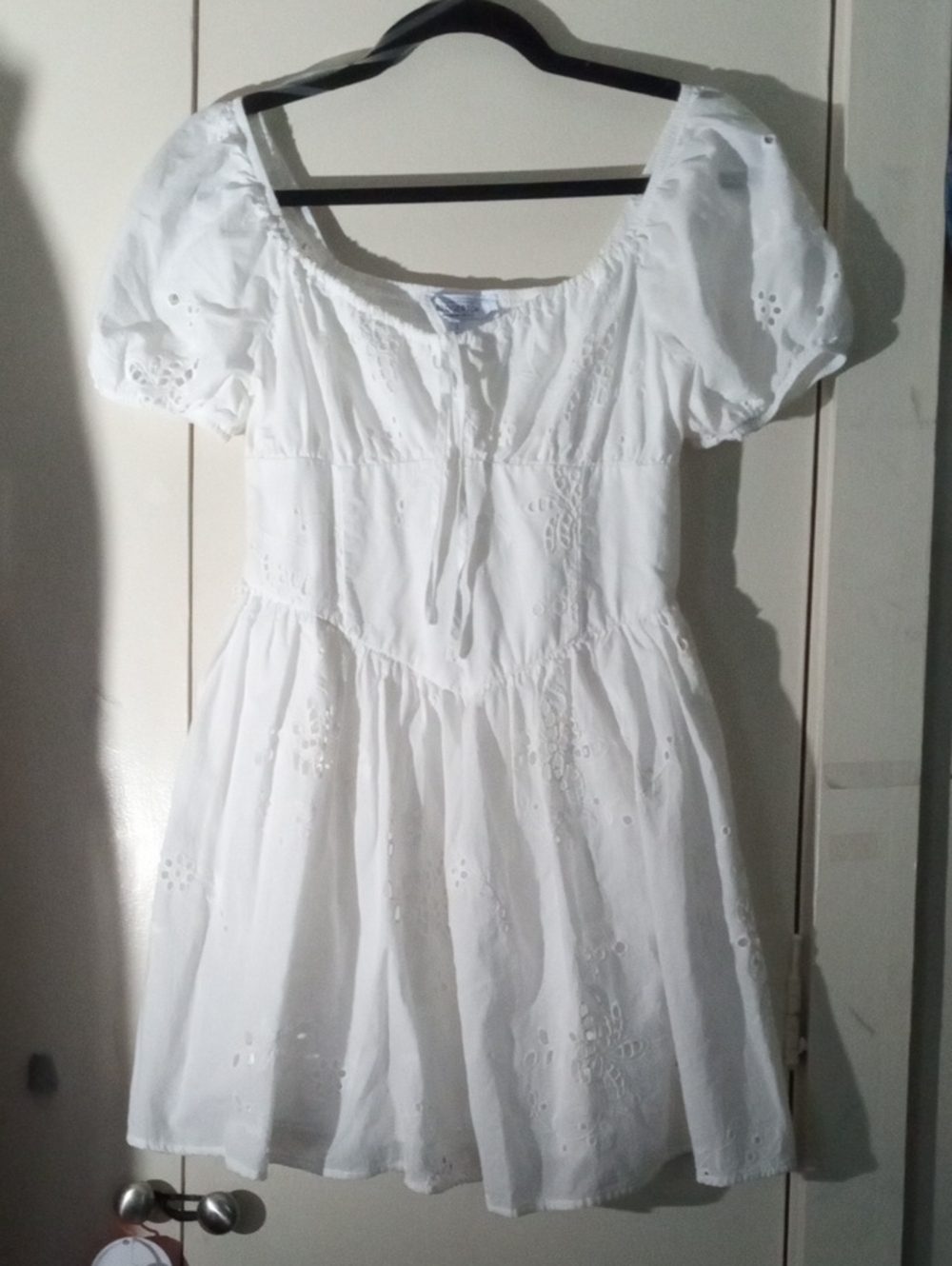 Celebrity Pink White Eyelet Square-Neck Mini Dress from Bridgerton